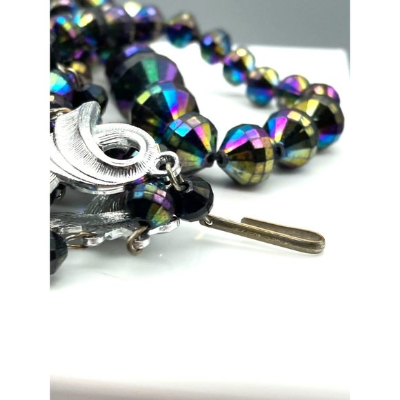 Retro Oil Slick Beads Graduated Necklace, Black Plastic Vitrail Triple Strand - Picture 4 of 4